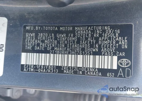 2017 Toyota Corolla Le из США, поврежденный, VIN 2T1BURHE3HC761351